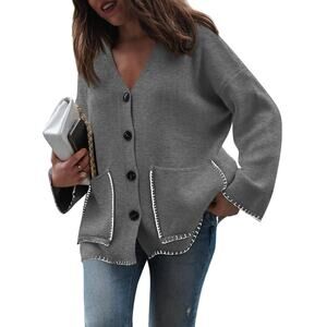 New Size Large Gray Button Down Cardigan with Contrasting Stitching and Pockets